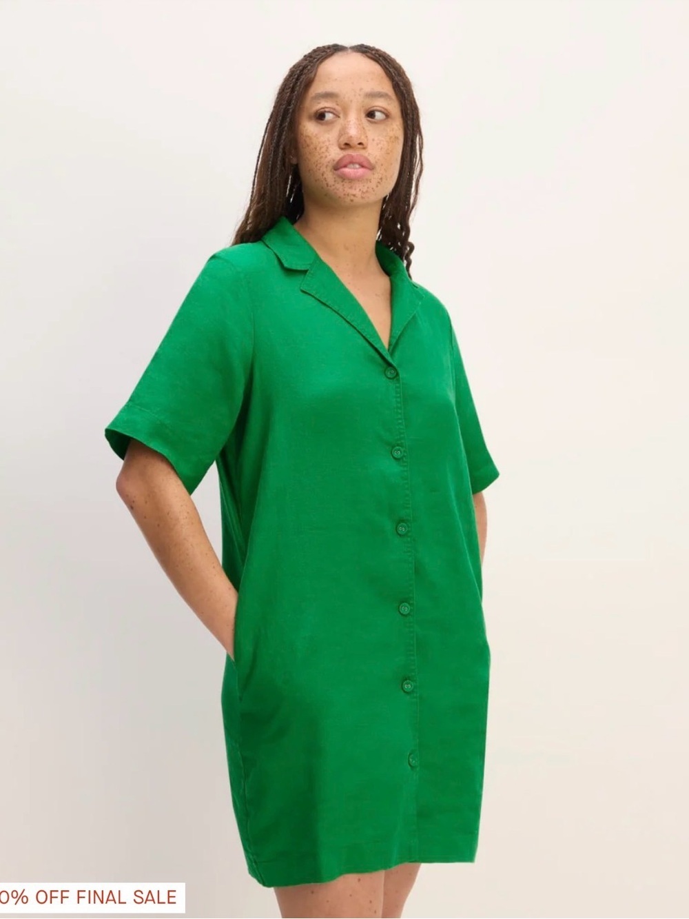 Everlane Bright Green Button-Front Mini Dress Linen Blend W/ Pockets Collar